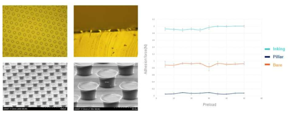 제작된 건식접착 구조물의 이미지 및 접착력 측정 결과
