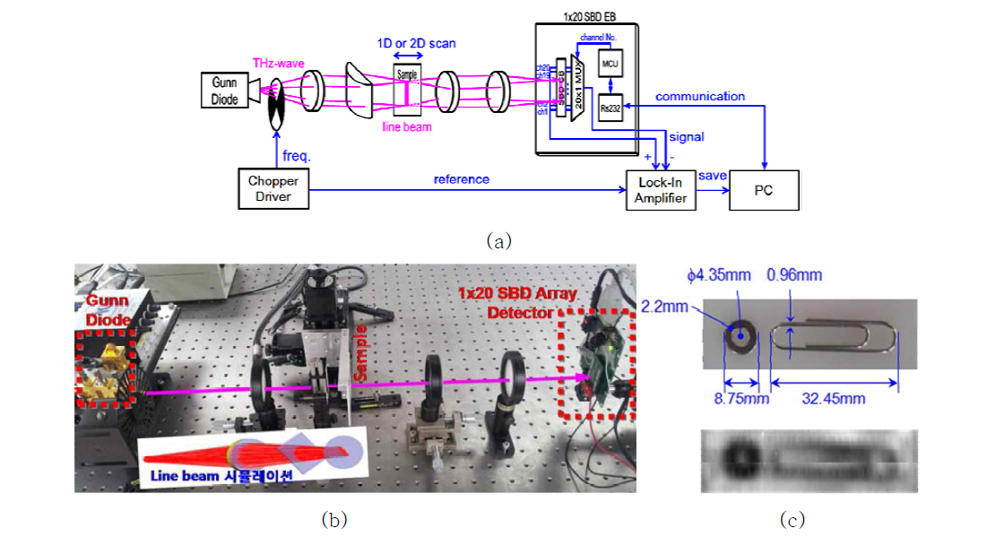 테라헤르츠 이미징 측정 (a) 측정 셋업 개략도, (b) 측정 셋업 실제 사진 (c) 1 x 20 SBD 어레이 검출기를 이용한 라인 스캔 결과