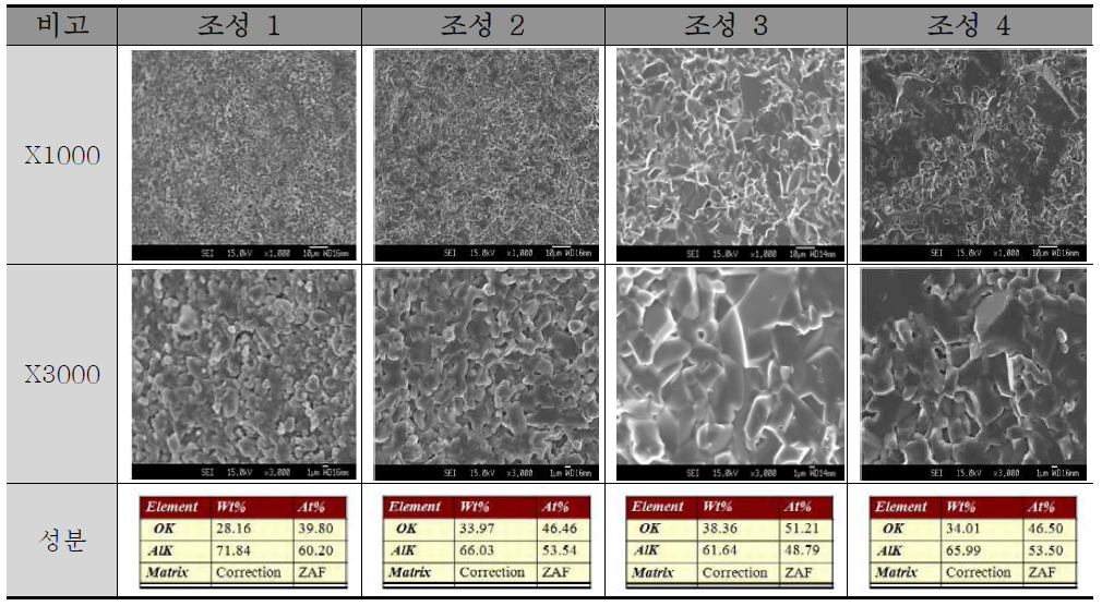 1850 kgf/cm2, 1675℃에서 조성 배치 조건 별 SEM/EDS 분석 결과