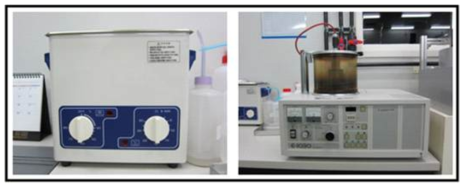 SEM 전처리 진행, 초음파 세척기(좌)와 백금 코팅기(우)