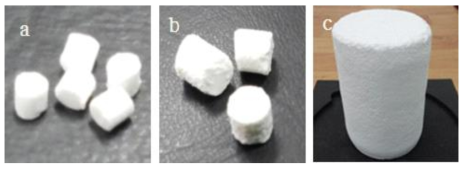 a) sample A, b) sample B, c) 자사 제작 펠렛