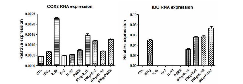IFNg, IL1b, IL-2, IL-12, PGE2 단독 또는 복합처리에 의한 면역조절인자발현변화