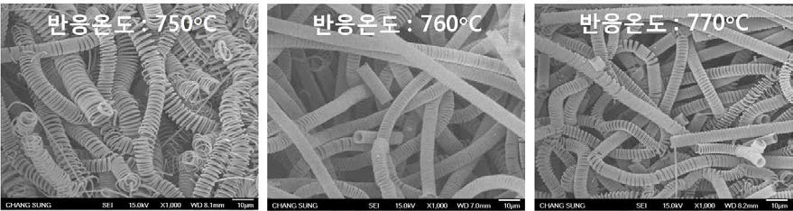 반응 온도에 따른 전자 현미경 사진