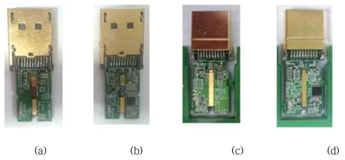 최종 제작된 PCB 외관(IC, 광결합 부품을 제외한 전자 부품 실장) DP1.2_Tx(a), DP1.2_Rx(b), HDMI2.0_Tx(c), HDMI 2.0_Rx(d)
