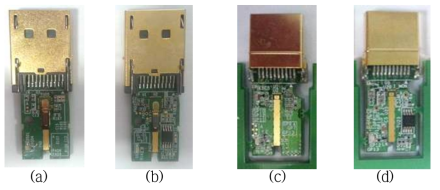 최종 제작된 PCB 외관(IC, 광결합 부품을 제외한 전자 부품 실장)으로 각각 DP1.2_Tx(a), DP1.2_Rx(b), HDMI2.0_Tx(c), HDMI 2.0_Rx(d)