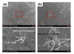 (a) 45 vol.% In-situ TiC/STD-11 금속복합소재 및 (b) 45 vol.% Ex-situ TiC/STD-11 금속복합소재의 마모면 미세조직