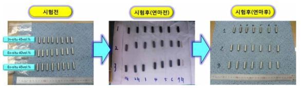 반복 열충격시험 전·후 시험편(1 ~ 7회) 45 vol.% In-situ TiC/STD-11은 40, 45 vol.% Ex-situ TiC/STD-11