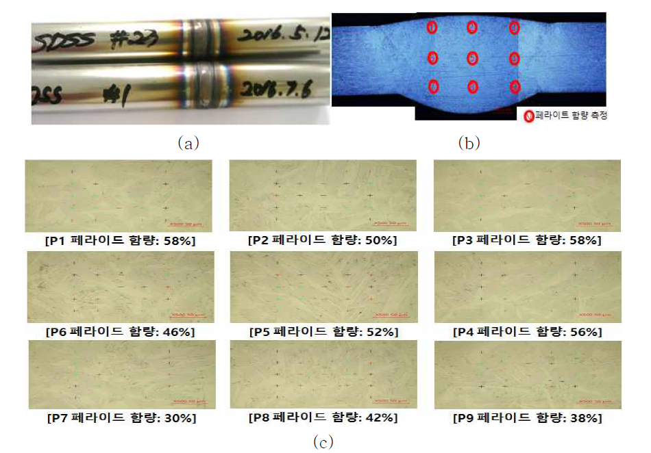 SDSS 용접시료(용접봉각 18°) 용접부 페라이트 함량 측정 (a) Ø15.6(OD) ×1.45(WT) 용접시료, (b) 페라이트 함량 측정 위치 및 (c) 페라이트 함량 측정 결과