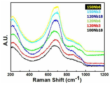 다양한 조건에서 열처리한 Nb2O5 나노 입자의 Raman 스펙트럼