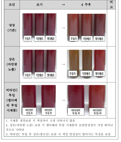 색소별 시제품의 색상안정성 결과