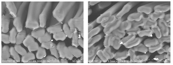 침투제 처리 전과 20% 사용 후의 m-Aramid 시료 모습
