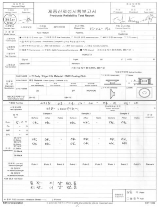 고온/고습 방치의 시험 결과서