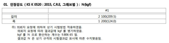 코팅 후 폴리이미드 필터미디어의 인장강도 공인시험성적서