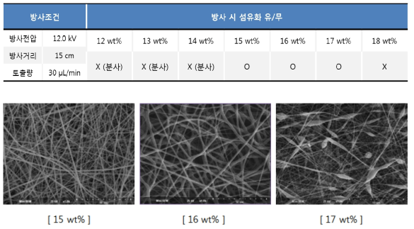 초기 전기방사용 고형분별 방사 테스트 및 섬유 샘플의 SEM 사진