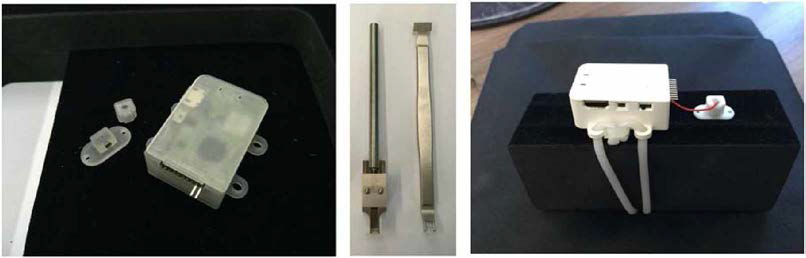1차 어셈블리 시제품, (좌) 3D 프린팅으로 제작된 전극 고정 구조물 및 자극기 외장 (중)시술도구, (우)어셈블리 결합 예시