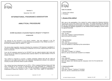 국제향수위원회의 향수 원료물질 사용제한 규정 및 해당 물질 목록 예
