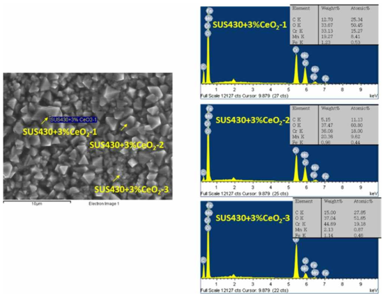 800 ℃의 공기분위기에서 1,000시간 동안 산화 시험 후 SUS430+3 wt.% CeO2의 산화물 스케일 표면의 점 EDS 분석 결과