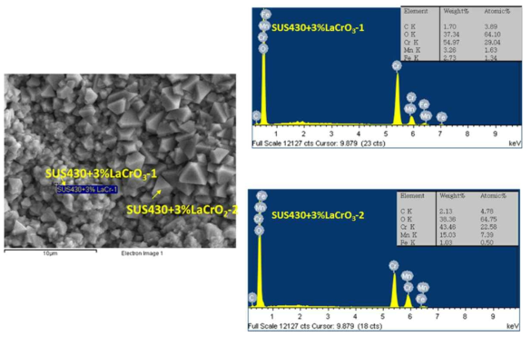 800℃의 공기분위기에서 1,000시간 동안 산화 시험 후 SUS430+3 wt.% LaCrO3 표면의 점 EDS 분석 결과