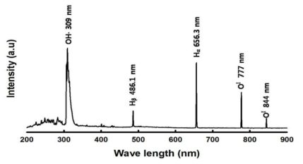 액상 플라즈마 현상에 의해 발생하는 광학발광 스펙트럼