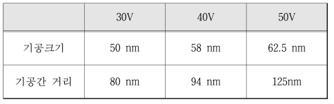 인가전압에 따른 AAO 기공 및 기공간의 거리