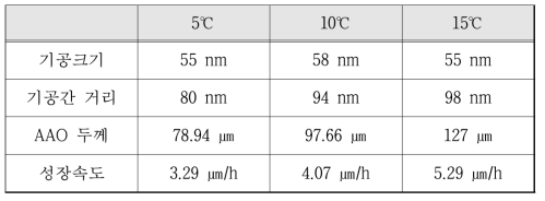 전해질 온도에 따른 기공 및 기공간의 거리, 성장속도