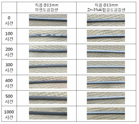 직경 3.5mm 아연도금강선과 직경 3.5mm Zn-5%Al도금강선 250℃ 내열성평가시험 결과