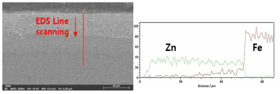직경 3.5mm 아연도금강선 도금층 EDS Line Scanning 분석결과