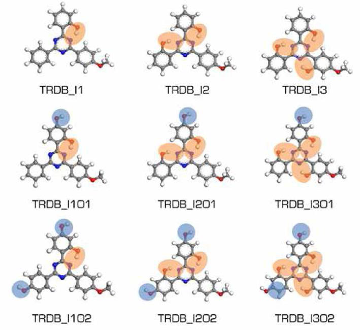 Designed TRDB derivatives, “TRDB_InOm” where “I” and “O” mean inner (orange circle) and outer (blue circle) positions, and “n” and “m” denote the number of substituted OH groups.