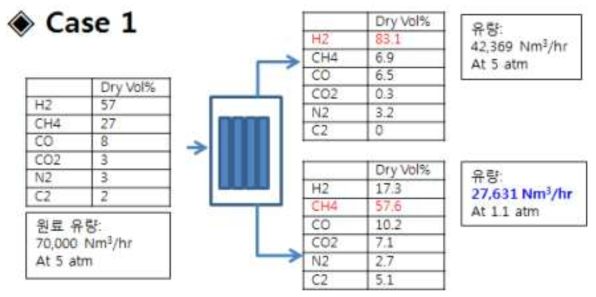 COG로부터 H2를 부분 농축하기 위한 공정의 물질 수지 (case 1)