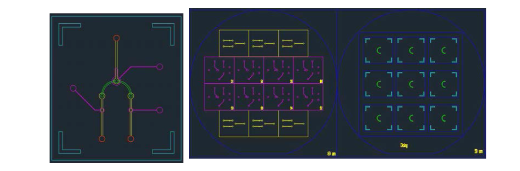 세포 농축 소자 제작을 위한 모델 (좌측)과 전체 CAD layout 사진(우측)