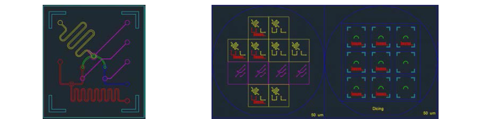 세포 농축 및 용해 소자 제작을 위한 모델 (좌측)과 전체 CAD layout 사진(우측)