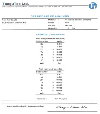 초경 롤의 리사이크 전후 Co, Ni 함량변화 분석결과