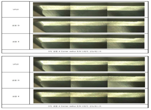 4 Flute Corner radius E/M 테스트 후 인선부 마모 및 치핑