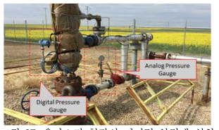 유가스전 현장의 디지털 압력계 설치