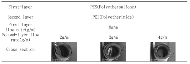 PES(Polyethersulfone)/PEI(Polyetherimide) Dual-layer 중공사 SEM 사진
