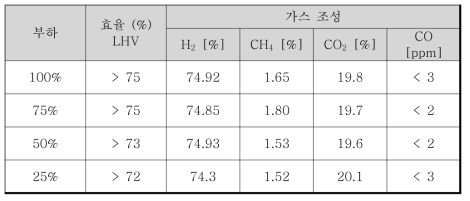 부하별 효율 및 개질가스 조성