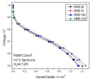 전해질 막의 연료전지 성능(70℃, 100%습도)
