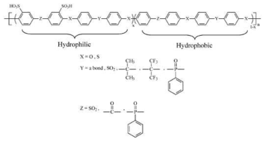 탄화수소계 이온전도체 고분자의 친수성 구역과 소수성 구역의 구분
