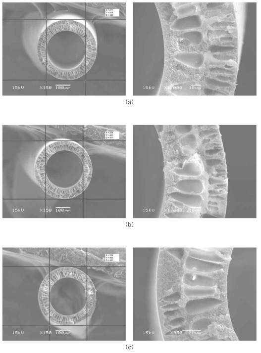 AK-PI-011-1의 SEM Images, (a) air-gap=10㎝, (b) air-gap=15㎝, (C) air-gap=20㎝