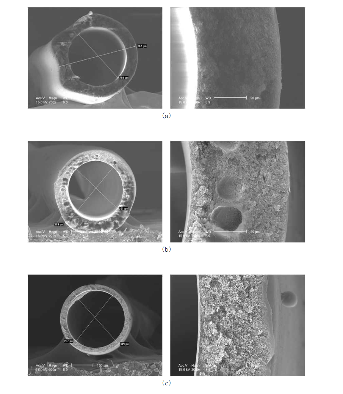 AK-PI-011-4의 SEM Images, (a) air-gap=10㎝, (b) air-gap=15㎝, (C) air-gap=20㎝