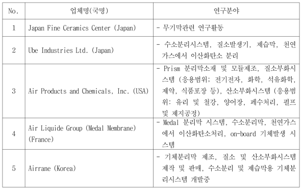 국내외의 기체분리막업체의 기술 개발 현황