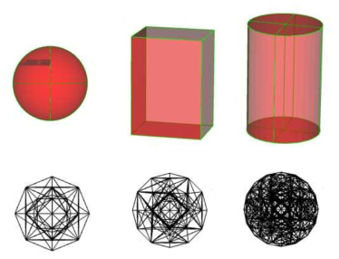 FEM 해석을 위한 구, 직육면체, 실린더 형상 (geometry) (상) 및 gmsh를 통한 mesh 밀도에 따른 element 형상 (하)