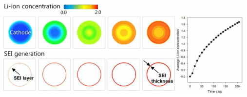 시간에 따른 양극재 내에서의 Li-ion확산과 양극재 표면에서의 SEI 생성