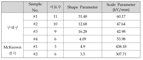 각 시편에 대한 Weibull Parameter