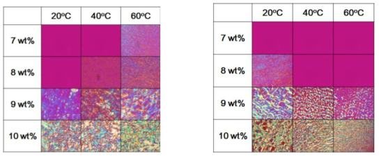 DMAc/LiCl (왼쪽)와 황산 (오른쪽)계에서 CY-PPTA 용액의 농도 및 온도에 따른 편광 현미경 사진