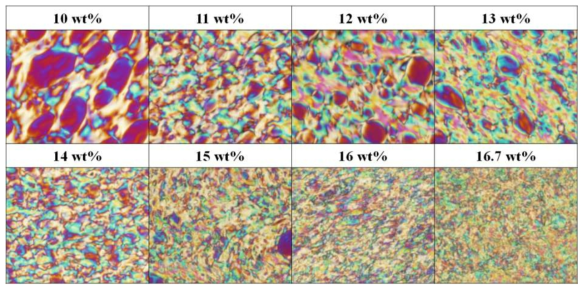 16.7 wt.% (I.V.= 4.7)의 추가적인 용매 (DMAc)를 통해 희석한 용액의 편광 현미경 사진.
