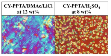 황산 및 DMAc/LiCl에 용해한 CY-PPTA 용액의 편광 현미경 사진