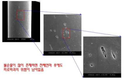 외산 NiTi 와이어 전해연마 후 표면 관찰 (SEM)