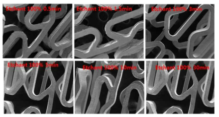 산처리 시간 경과에 따른 스텐트 표면 변화 실험 결과
