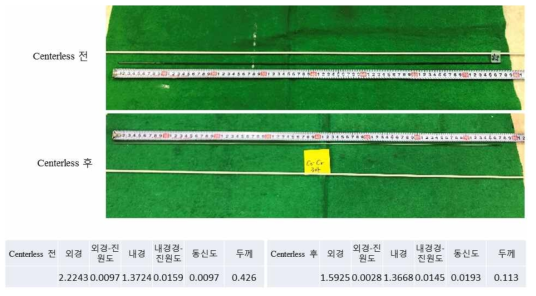 CoCr합금 튜브의 세터리스 전·후 튜브형상 및 치수 측정결과